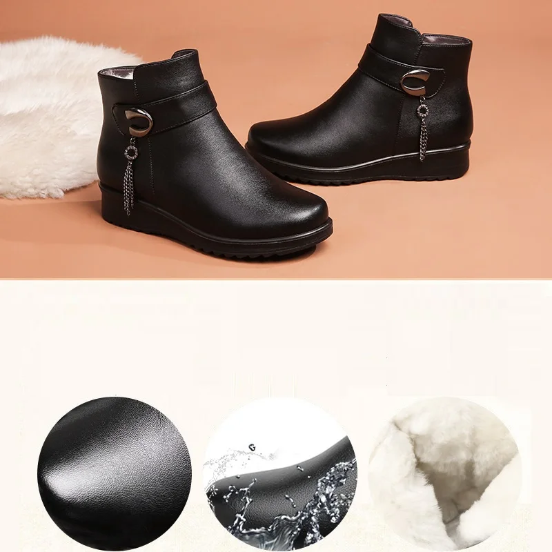 Winter New Genuine Leather Waterproof Snow Boots Women's Plus Velvet Warm Ankle Boots Ladies Casual Lightweight Mother's Boots