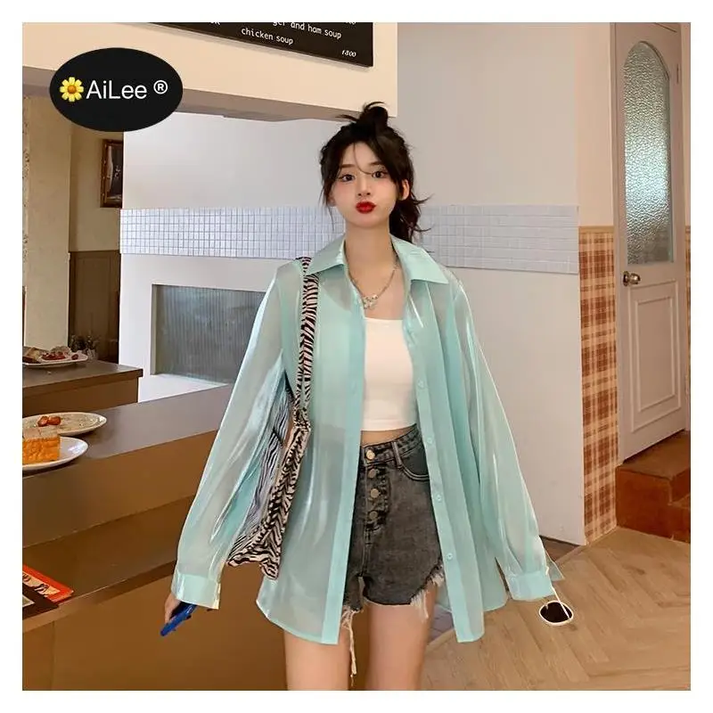 

Girls Reflecting Satin Holographic Cardigan Blouses Shirts Tees Female Full Sleeve Fairy VacationTops Thin Summer Sunproof Women
