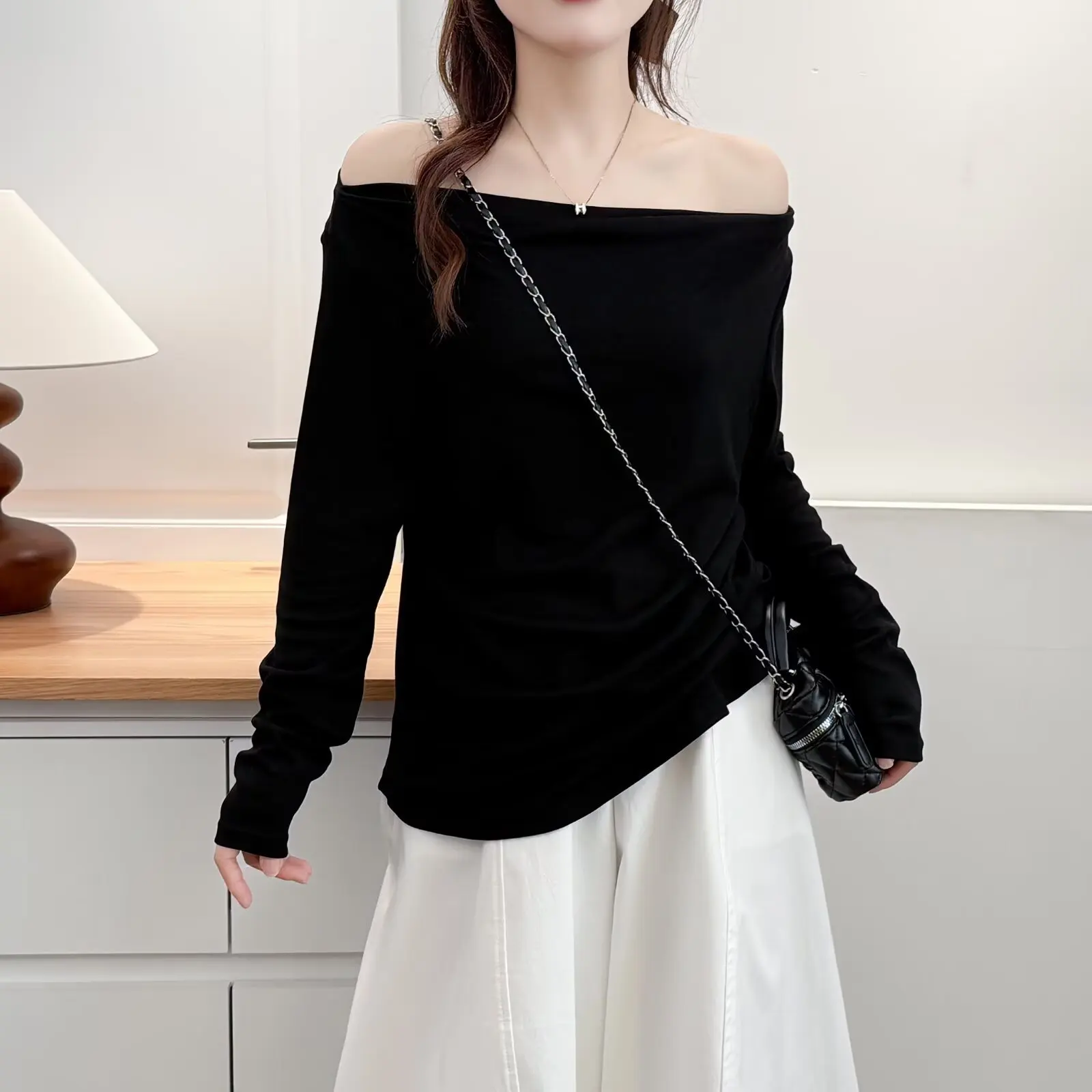 Fashion Plus Size Women's T-Shirt Autumn Style Off Shoulder Long Sleeved Solid Color Tops 019