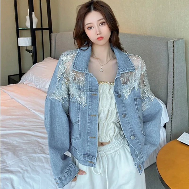 

2023 Autumn New Coat For Women Splice Nail Bead Diamond Inlay Gauze Single Breasted Lapel Loose Appear Thin Free Shipping