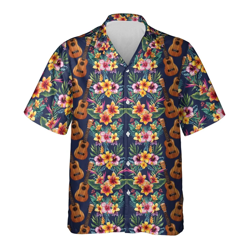 Fashion Ukulele Graphic Shirts For Men Clothes Casual Boy Ukelele Beach Shirt Instrument Uke Hawaiian Male Singer Lapel Blouse
