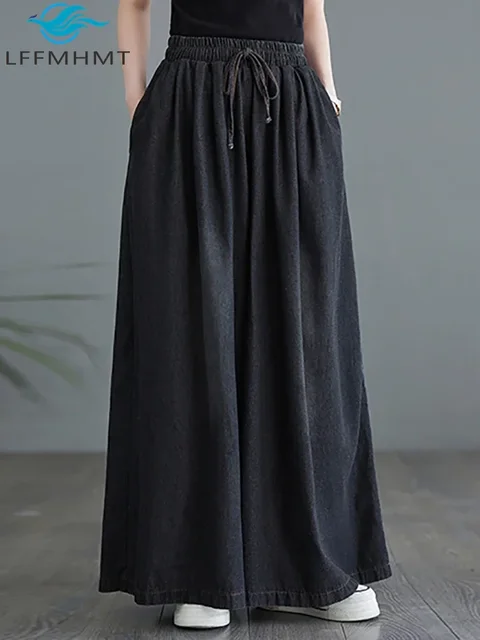 Wide Leg Relax Denim Pants Women's Summer Fashion Elastic Waist Solid Color Simple Baggy Casual Jeans Female Vintage Streetwear 1
