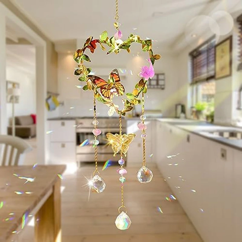 Heart Suncatchers Window Hanging, Colorful Crystal Suncatcher With Butterfly, Crystals Light Catcher With Prisms Garden