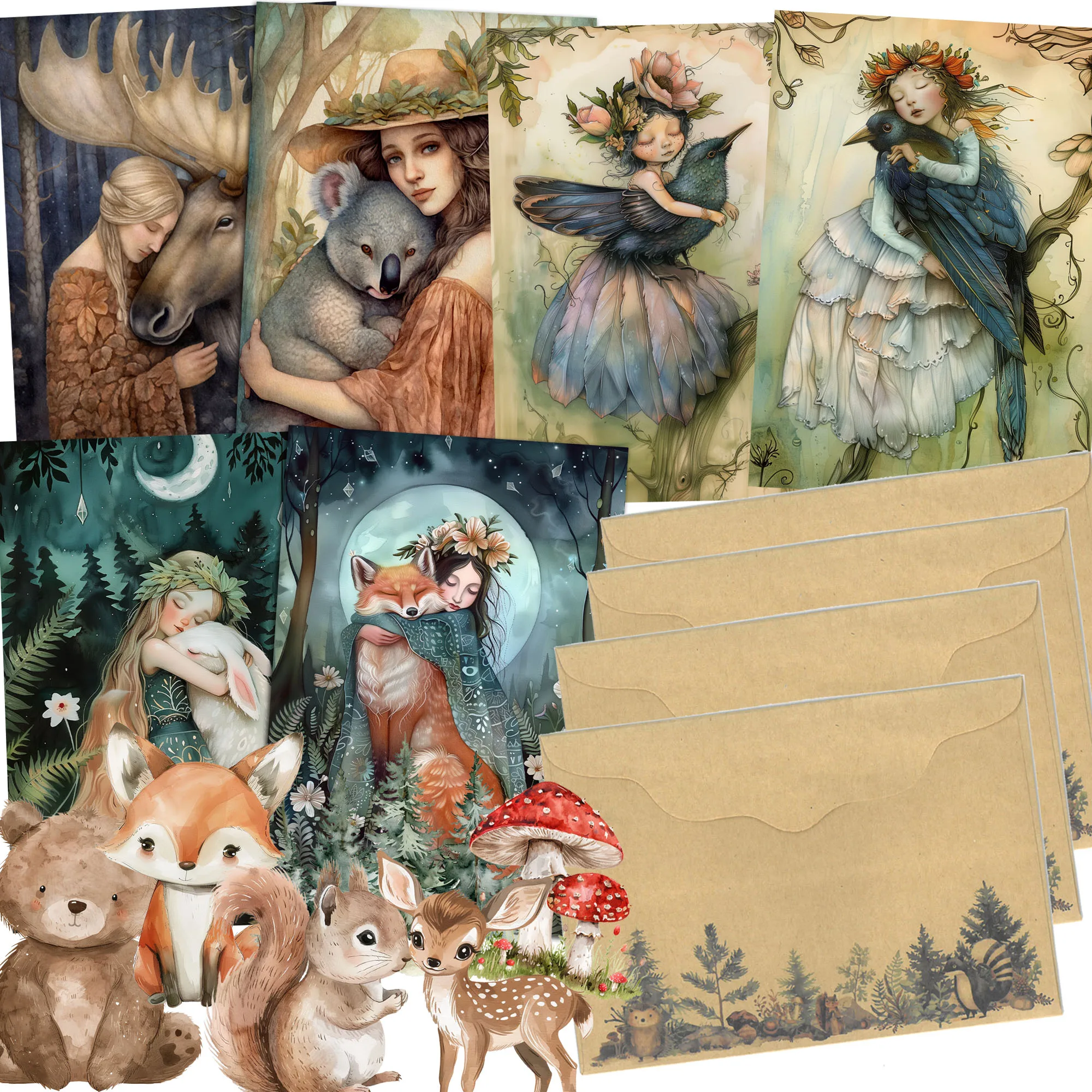 52-54pieces Forest Nymphs Hugging Animals DIY Writable Postcard Set with Envelopes and Stickers for Scrapbooking
