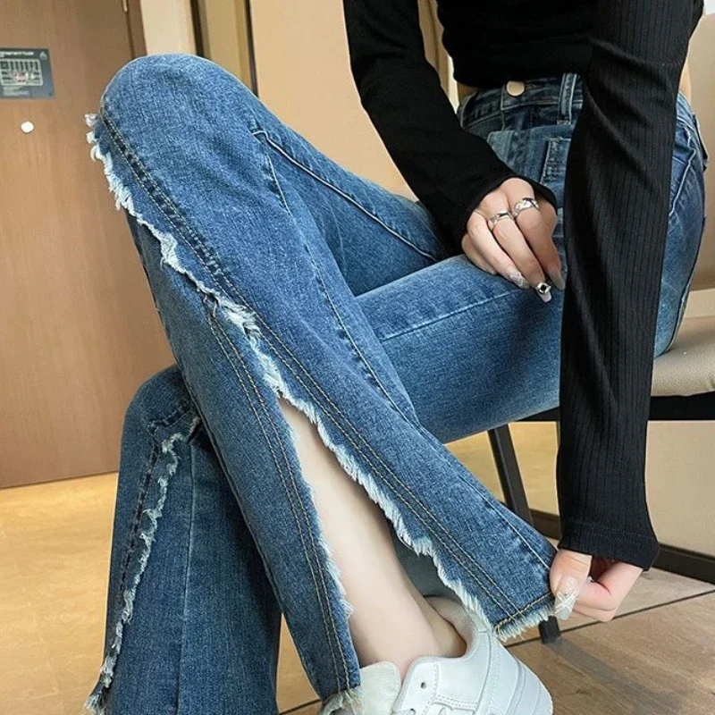 Calça Jeans Flare de cintura alta feminina, calças com fenda