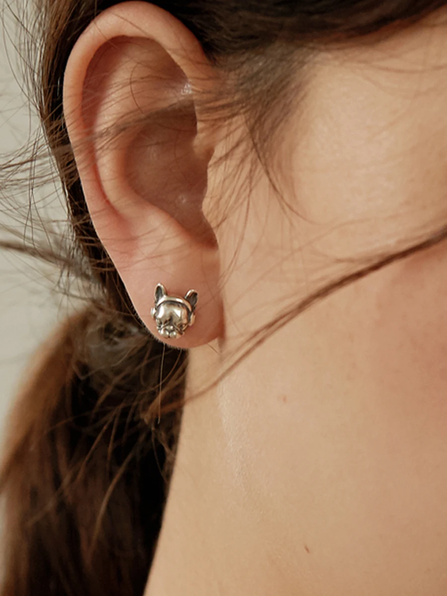 MengG Real S925 Sterling Silver French Bulldog Earrings For Women and Man Stud Details Creative Gift Original Design Handmade