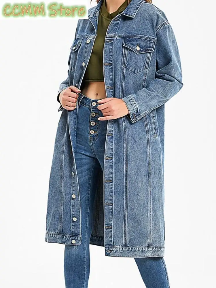 

New Jean Jacket for Women Spring Autumn Retro Lapel Single Breasted Long Denim Trench Coat Women Clothing Casual Top Windbreak