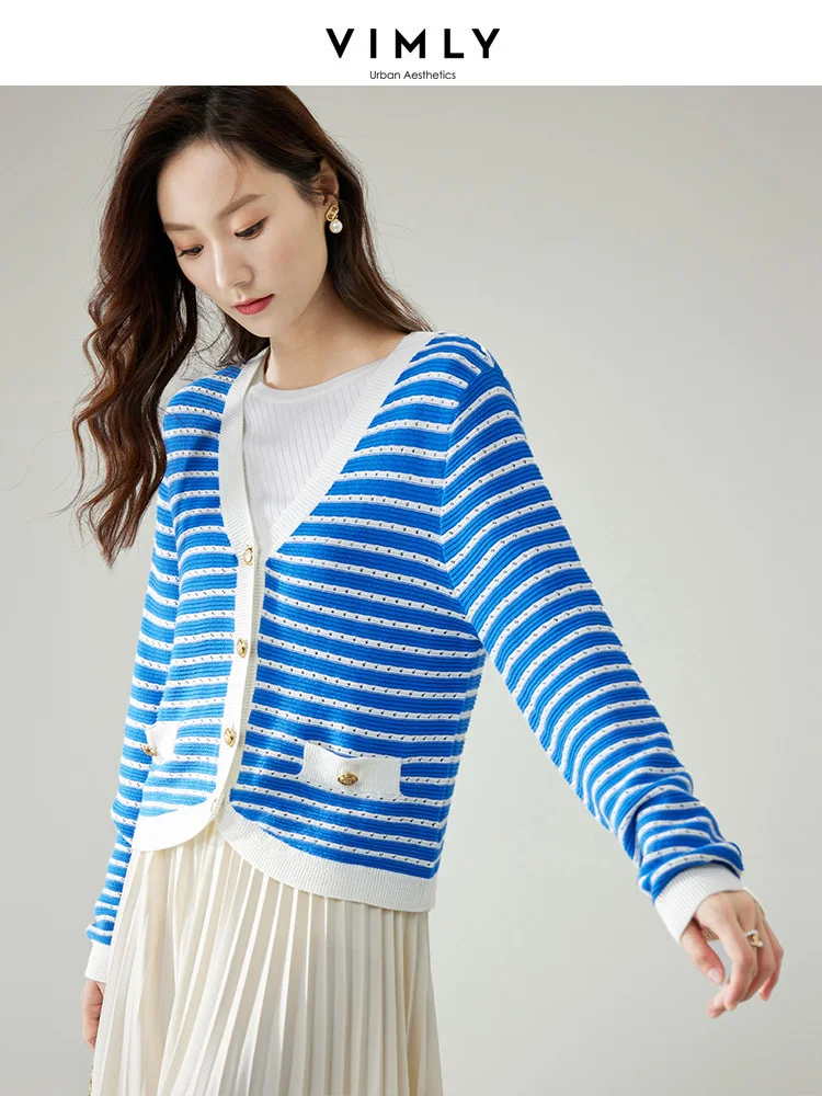 

Vimly Blue White Stripe Knitted Cardigans for Woman 2023 Autumn Loose Long Sleeve Top Female V-neck Hollowed Out Knitwears 72109