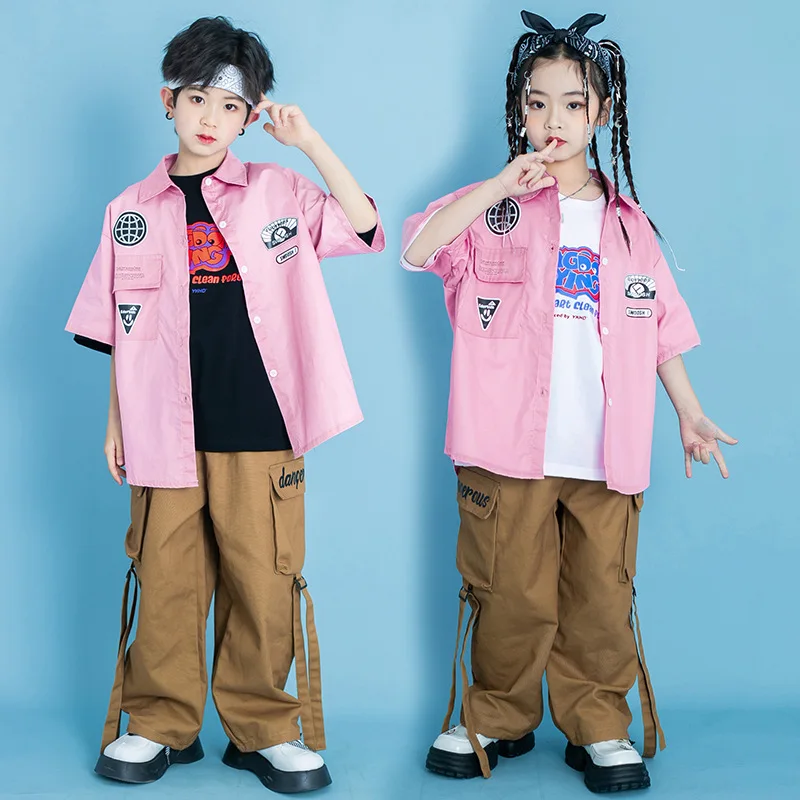 

Kids Stage Wear Showing Outfits Hip Hop Clothing Khaki Oversize T Shirt Casual Pants for Girl Boy Jazz Dance Costume Clothes