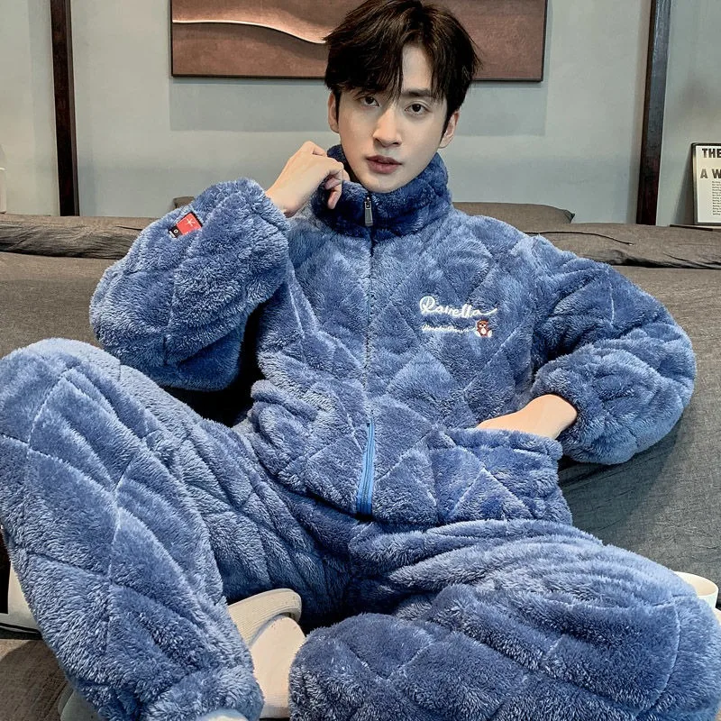 Male Sleepwear Men's Winter Thick Plush Loungewear Three-layer Coral Velvet Pajama Suit Insulation Jacket Boys Home Clothing Set