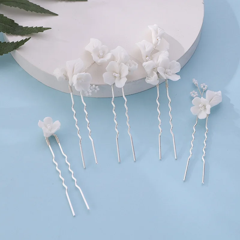 Simple U Shaped Hair Sticks Bride Wedding Headdress White Porcelain Flower Hairpins Hair Clips Bridal Jewelry Fairy Headpieces hair accessory,hair stick,hair clip,hair headdress,jewelry accessories,bridal headwear