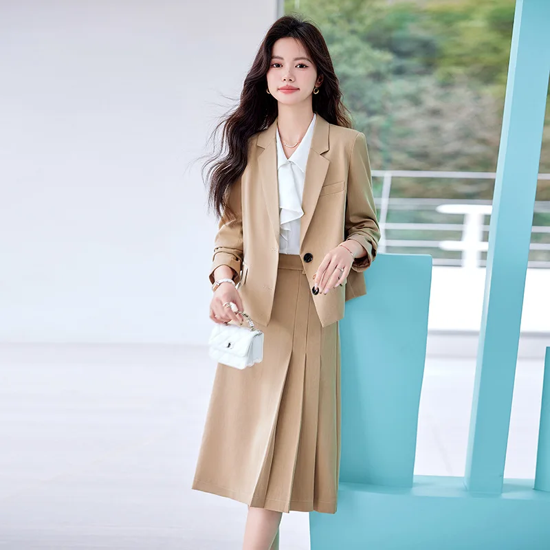 회색 세트 여성 용수철 가을 대학생 교육 면접복, 작은 플리츠 스커트, 분위기 있는 비즈니스 의류