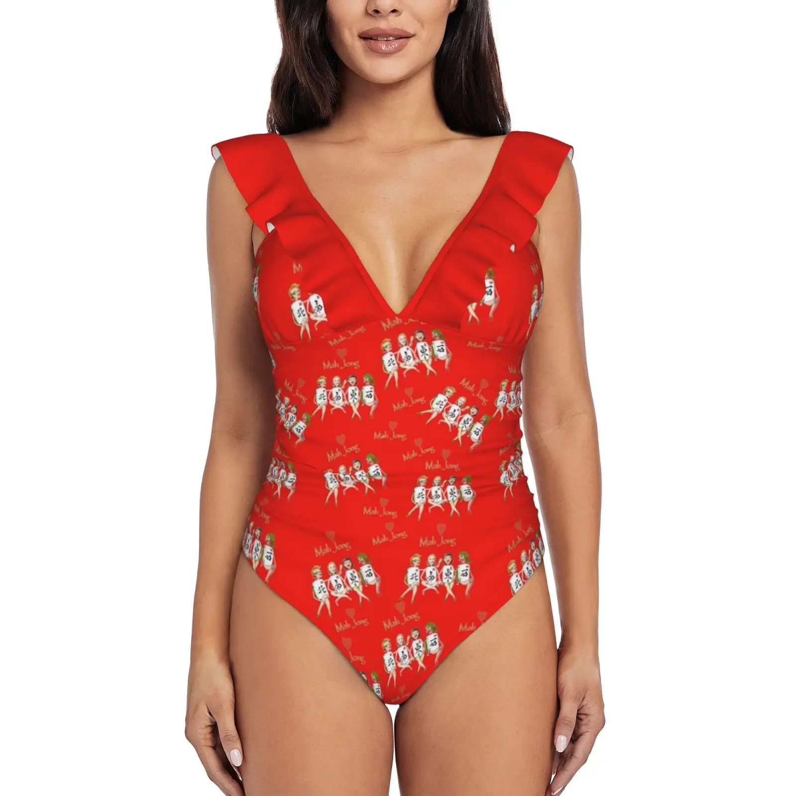 Mah Jong Four Winds Ruffled One-Piece Swimsuit Women Sexy Monokini Swimwear New Beach Bathing Suits Mouse Pads Desk Mats Caps