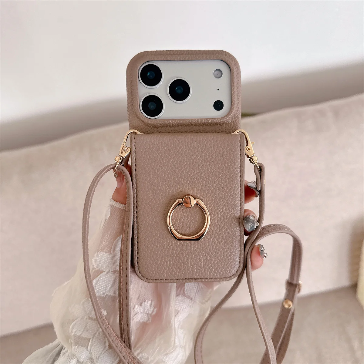 Crossbody Lanyard Wallet Phone Case with Ring Card Holder and Makeup Mirror