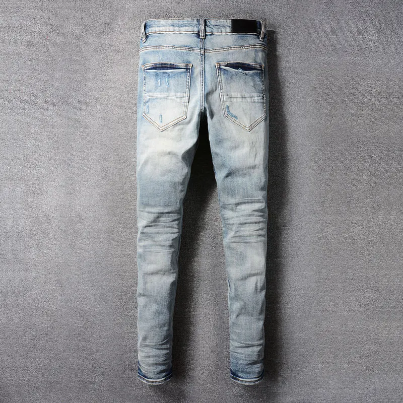 Streetwear Fashion Men Jeans High Quality Retro Blue Stretch Skinny Fit Ripped Jeans Men Patched Designer Hip Hop Brand Pants