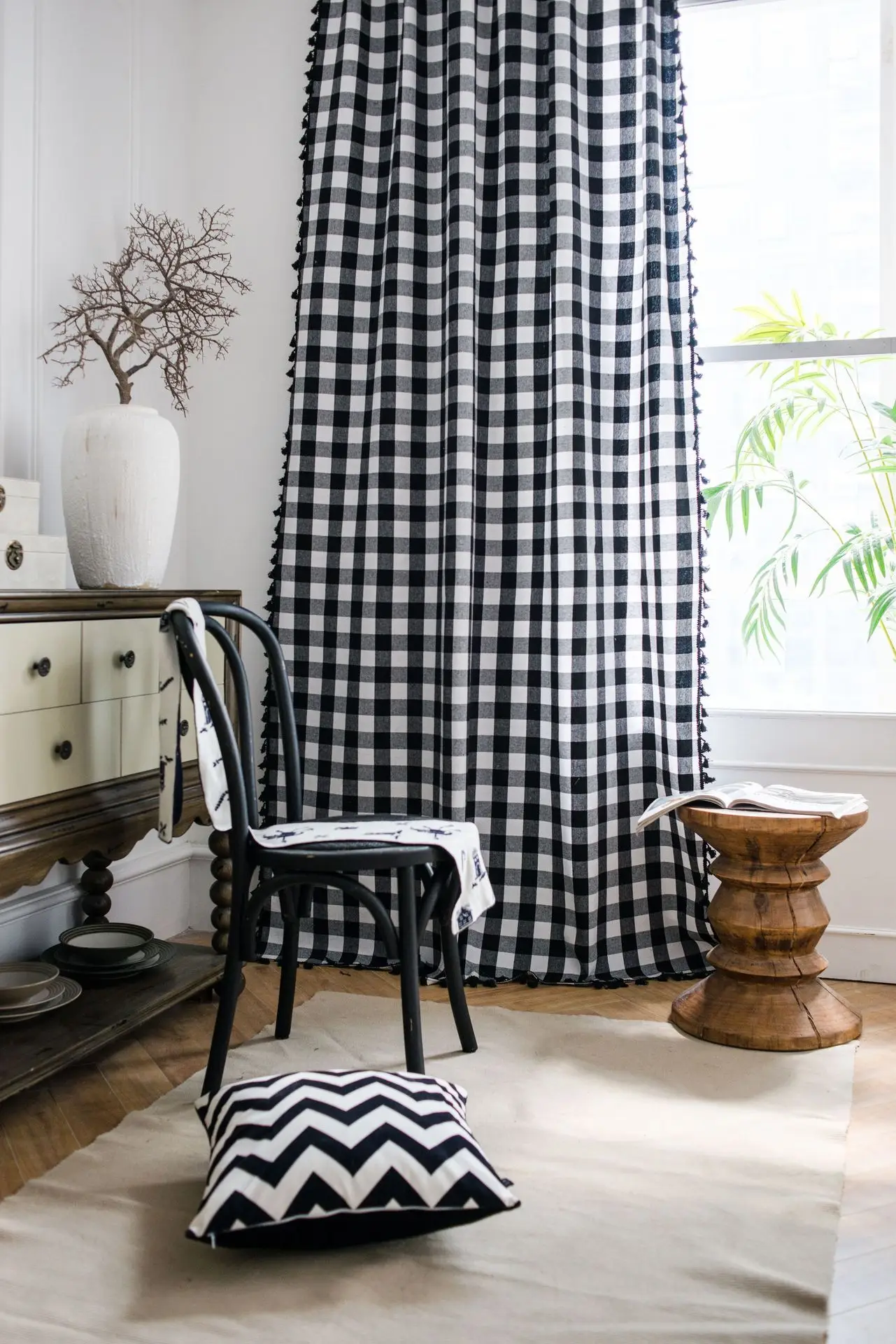 Description Picture 5 of itemSemi-Blackout Windows Vintage Curtains for Bedroom Drapes in Living Room Black and White Squares Tassel Farmhouse Home Decor