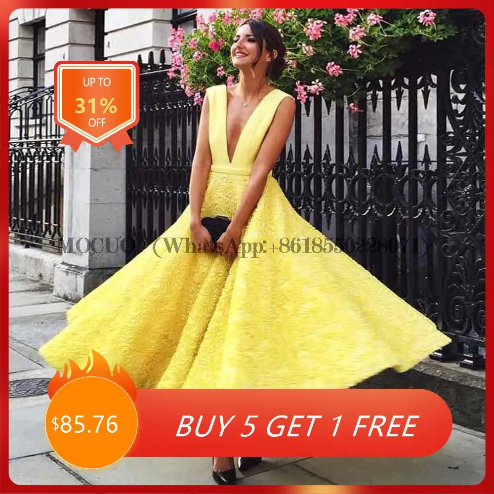 

Cute Yellow Cocktail Dresses Short 2021 Women Plunging Neckline Prom Dresses Lace Tea-Length A-Line Homecoming Gown Plus Size
