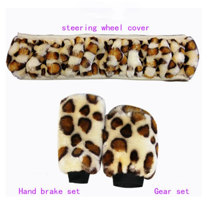 3Pcs /Set Leopard Fluff Plush Steering Wheel Cover Winter Car Accessories
