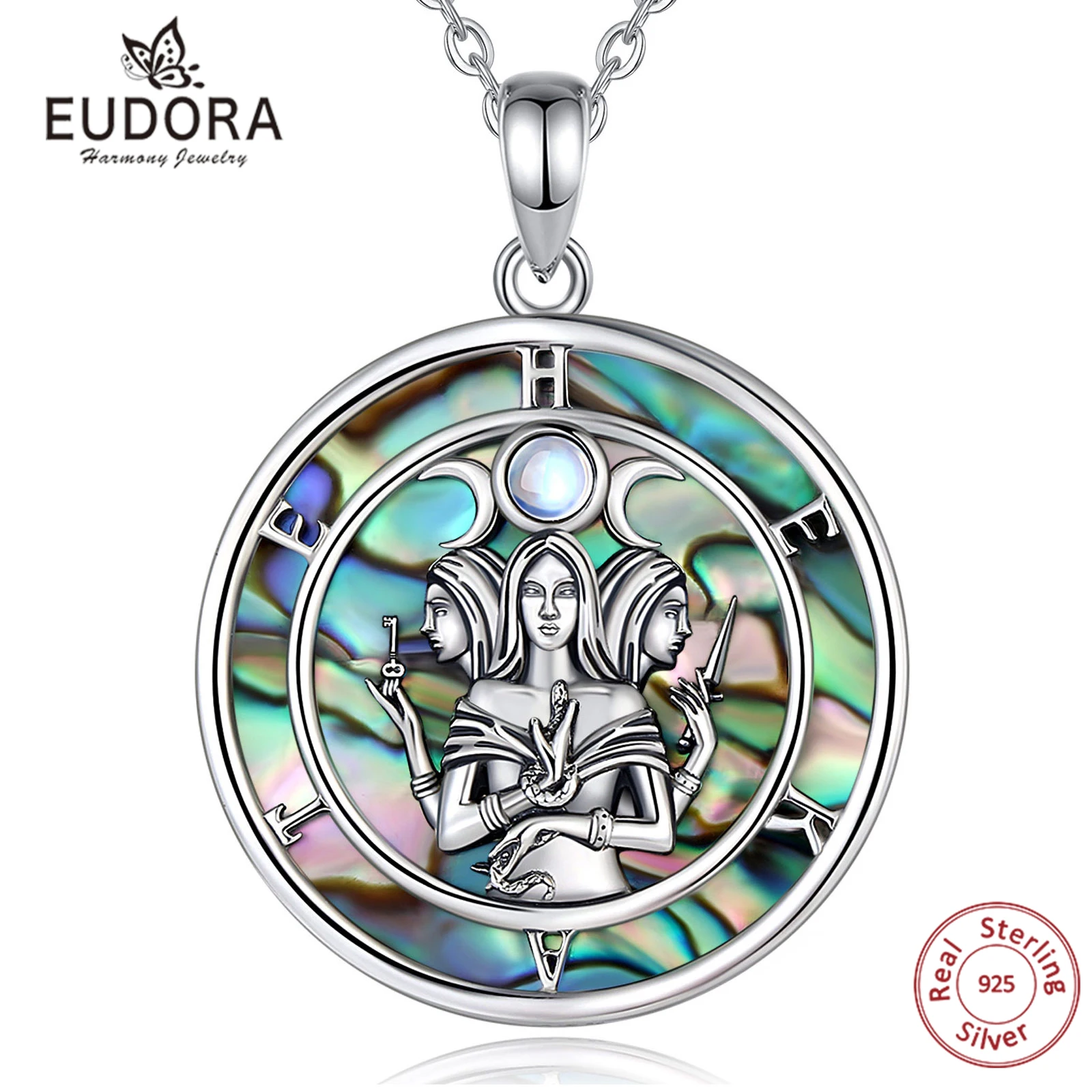 

Eudora 925 Sterling Silver Triple Moon Goddess Necklace Natural Abalone Hecate Amulet Pendant Personality Jewelry Gift for Women