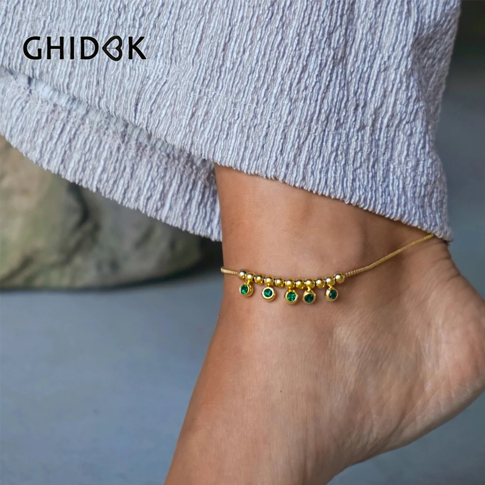 GHIDBK Изысканная зеленая искусственная цепочка для ног из нержавеющей стали с бусинами для женщин яркий модный аксессуар