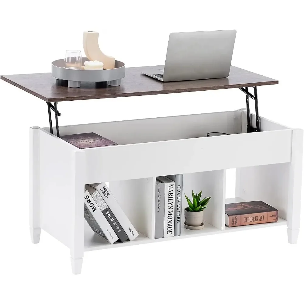 White Coffee Table with Lift Top, Lift Up Coffee Table with Storage Shelf/Hidden Compartment, Pop Up Coffee Table 4