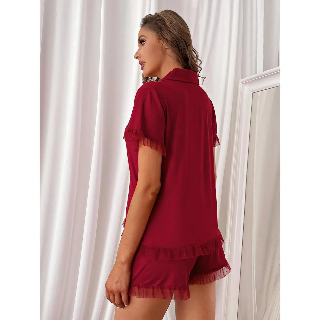 red crop Pajama sets cropped short women mujer conjuntos pijamas conjunto pyjama pijama femme ensembles outfit lounge pj