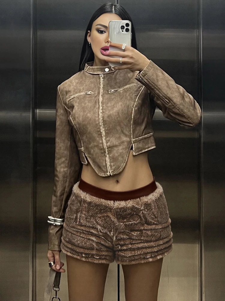 Nibber Hot Girls Furry Patchwork Shorts Woman Faux Leather High Waist Side Zipper Design Street Fashion Versatile Style Bottoms