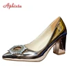 Aphixta Fashion Bling Champagne 7cm Chunky Heels Pumps Women Shoes Luxury Crystals Sun Buckle Party Wedding Super Big Size 30-50