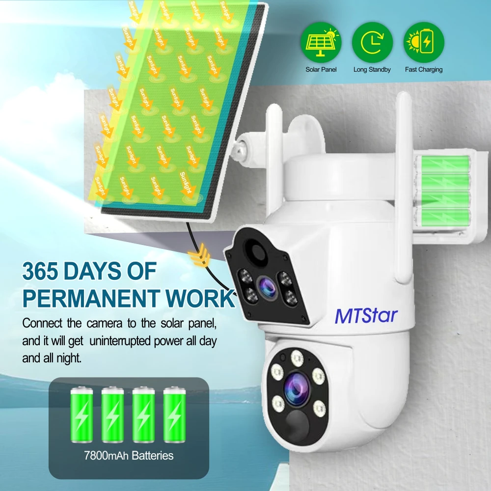 MTStar 2CH 무선 태양 전지 패널 배터리 WIFI 카메라 및 WiFi NVR 비디오 감시 보안 시스템 키트 (HD 모니터 하드 디스크 포함)