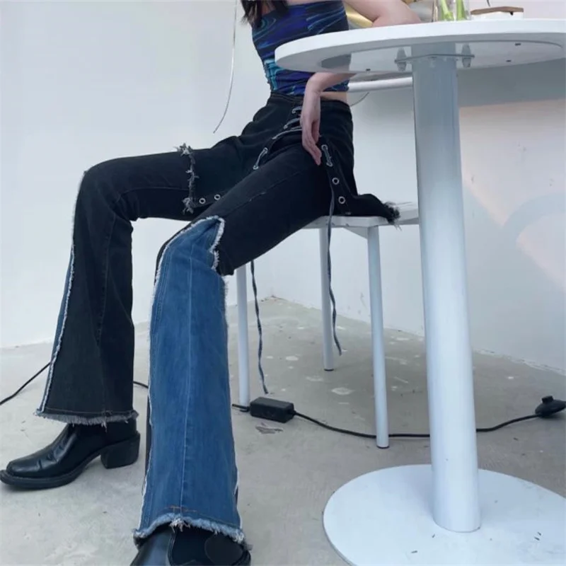 

Женские расклешенные джинсы, облегающие брюки контрастных цветов с высокой талией, модные повседневные брюки, Новинка лета 2022