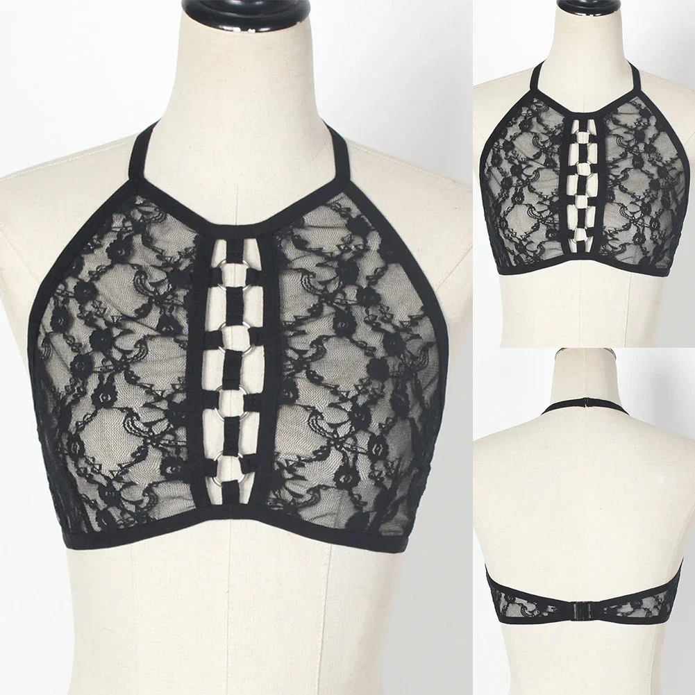 Sexy Tank Top Women Lace See Through Bra Top Hollow Metall Rings Transparent Blouse Sheer Mesh Bralet Crop Tee Tops women lingerie bra women tank tops lace camisole tops