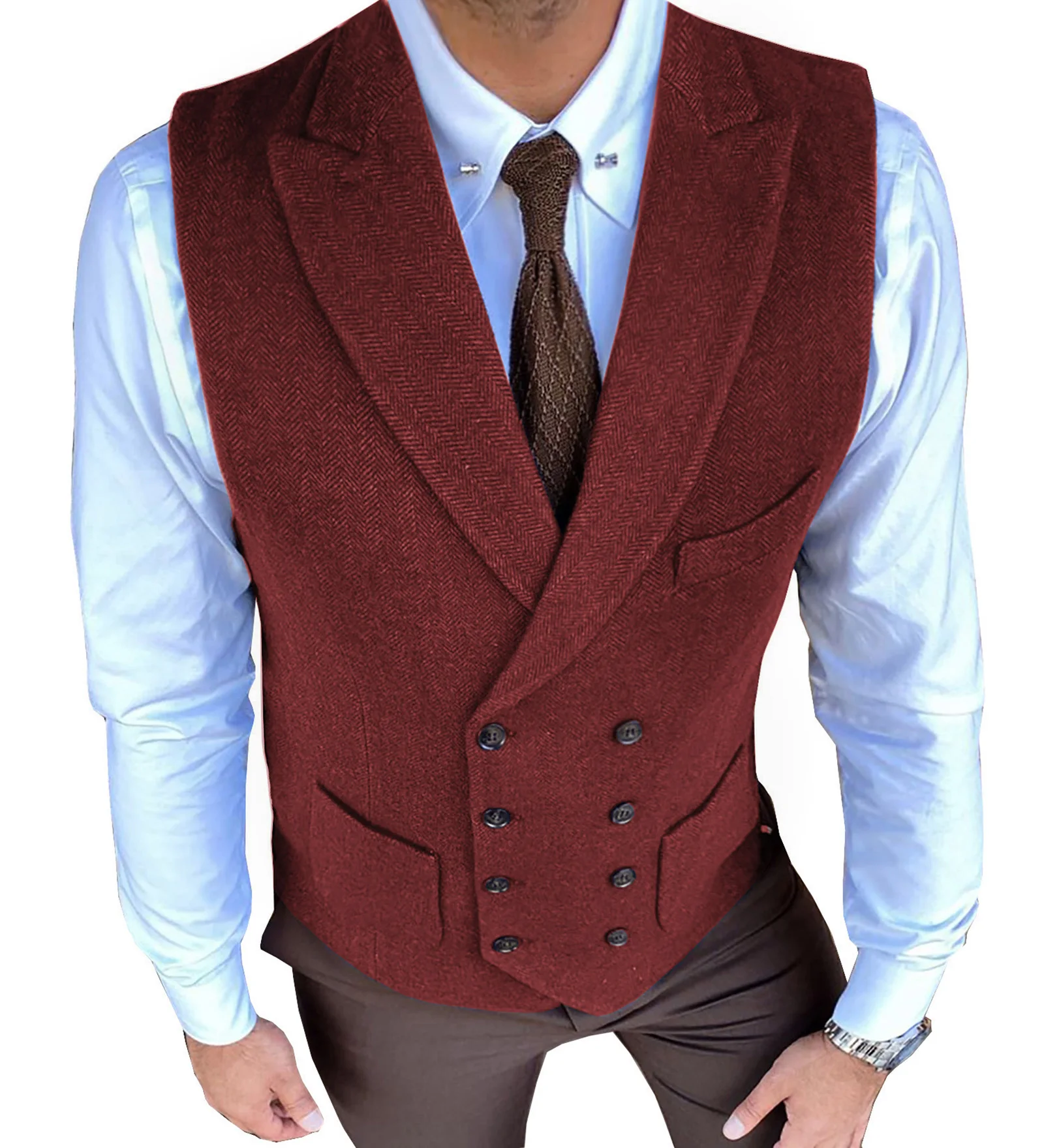 Men's Casual Double Breasted Suit Vest Herringbone Pattern Notch Lapel Waistcoat for Groomsmen for Wedding 4