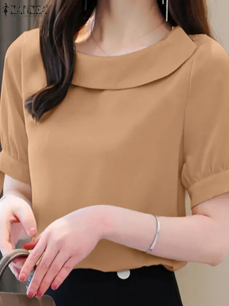 ZANZEA Elegant 2024 Summer Shirt Women Office Wear Blouse Lapel Neck Casual Oversized Short Sleeve Blusas Fashion Party Tops