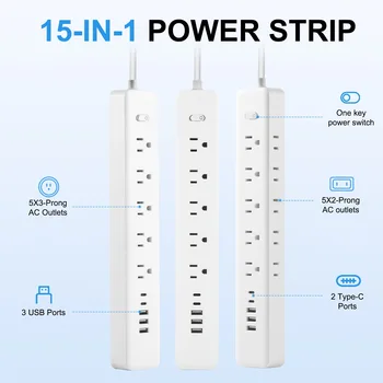 Surge Protector Power Strip with 10 AC Outlets 5 USB Ports (2 usb-c) Overload And Automatic Switch off Protection