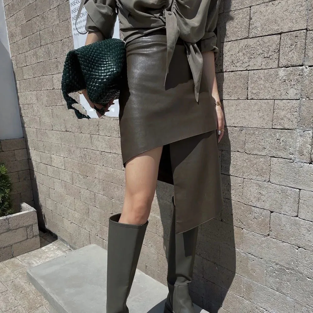 

2023 Winter Fashion Irregular Green PU Leather Skirt Women A-line High Waist Chic Skirts Sexy Hot Girl Asymmetrical Skirt Ladies
