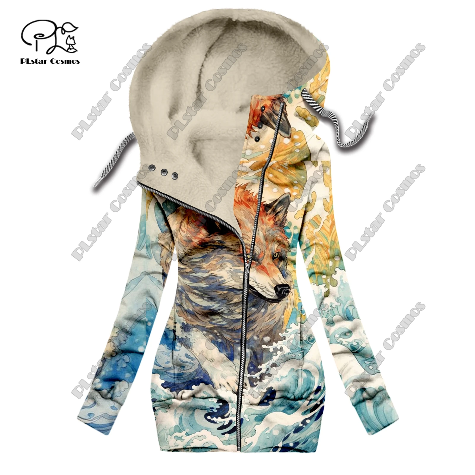 New 3D printed animal series wolf pattern velvet warm women's long zipper hoodie jacket commuting casual winter L-2