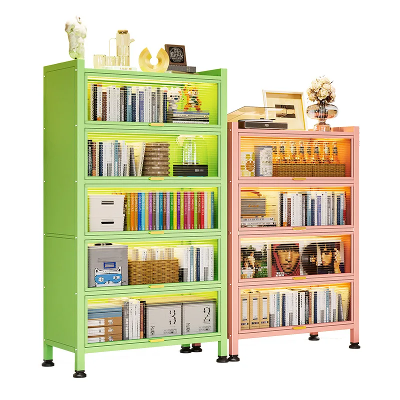 Steel bookcase with doors, children's home bookshelf, living room, floor to ceiling storage cabinet, dustproof bedroom storage c