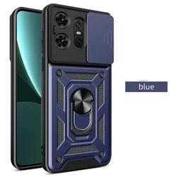 Shockproof Armor Case with Ring Holder & Slide Lens Protector for Edge 40 Neo (Blue)