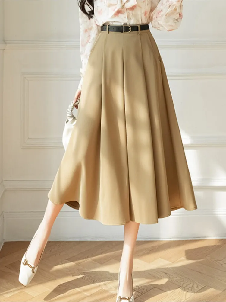 High Waist Women's Umbrella Long Skirts with Belted 2023 New