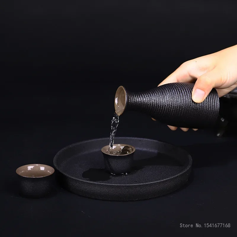 Japanese Style Ceramic Sake Pot Cup Set, Home Meal Supplies, Black Pottery Liquor Flask, Wine Bottle Cups Tray, 9Pcs Set