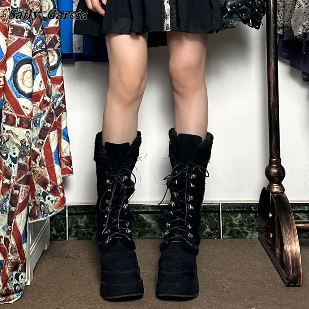 Black Suede Side Zipper Chunky Heel Snow Boots Winter New Gothic Style Casual Boots Round Toe Platfrom Short Plush Wonmen Boots