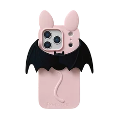 Adorable Bat & Cat Ears Silicone Phone Case - iPhone 15 (Pink)