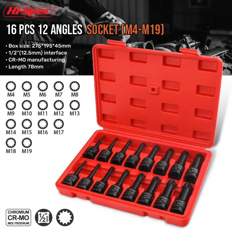Hi-Spec 16PCS 1/2 Hexagon Socket Extension Socket Set Extra Long Socket Electric Wrench S2 Bit Screwdriver Adapter Torque Wrench