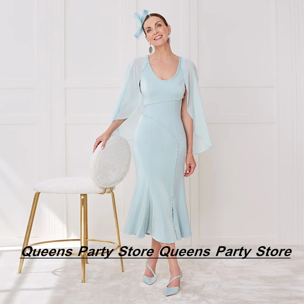 

Weilinsha Mint Wedding Guest Dresses Evening Party Gown Detachable Sleeves Scoop Neck Short Mermaid Mother of The Bride Dress