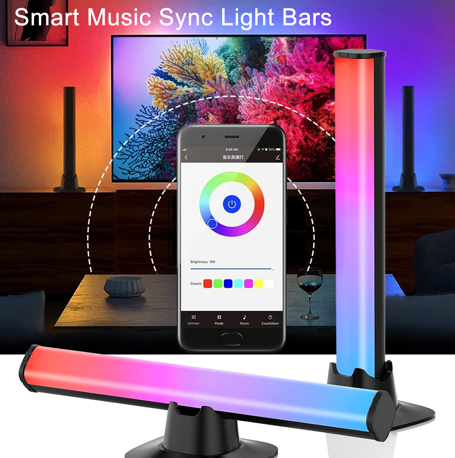 2PackLEDRhythmLightBarMusicSyncsBluetoothRGBDreamcolorLamp
