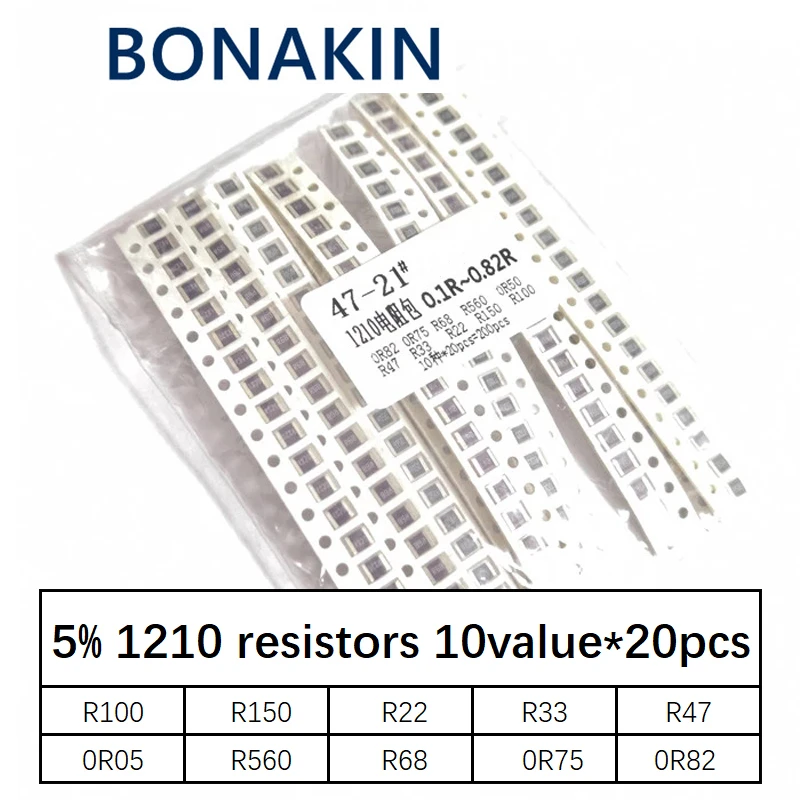 200PCS 5% 1210 SMD resistors assorted kit set,10 value*20pcs=200pcs 0R82 0R75 R68 R560 0R50 R47 R33 R22 R150 R100