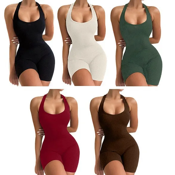 

Sexy Vest Sleeveless Backless Tight Shorts One-Piece Close-Fitting Union Suit Rib Sports One-Piece