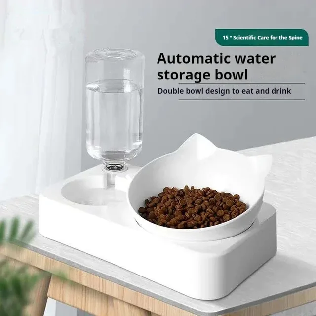 Double Dog Cat Bowls Water and Food Bowl Tilted15 Degrees Raised Cat Bowls with Automatic Water Bottle-Pet Feeder For cat Cats