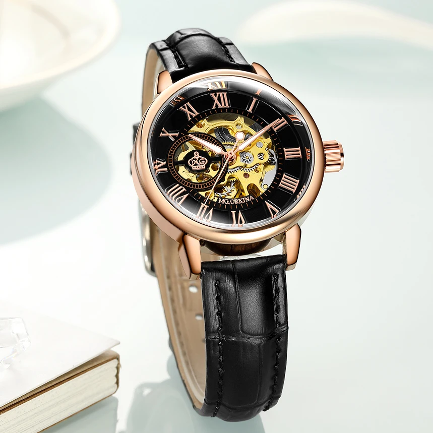 

Часы-скелетоны женские Автоматические, модные роскошные механические наручные часы с римскими цифрами и кожаным ремешком, цвет розового золота