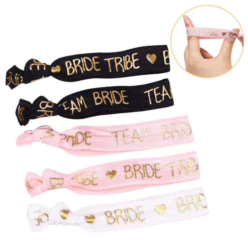 Wedding Hair Ties Bride Team Groom Elastic Hair Band for Gifts Champagne Hair Ties Bracelet Ribbon Wristband Cloth Bracelets for Wedding Party